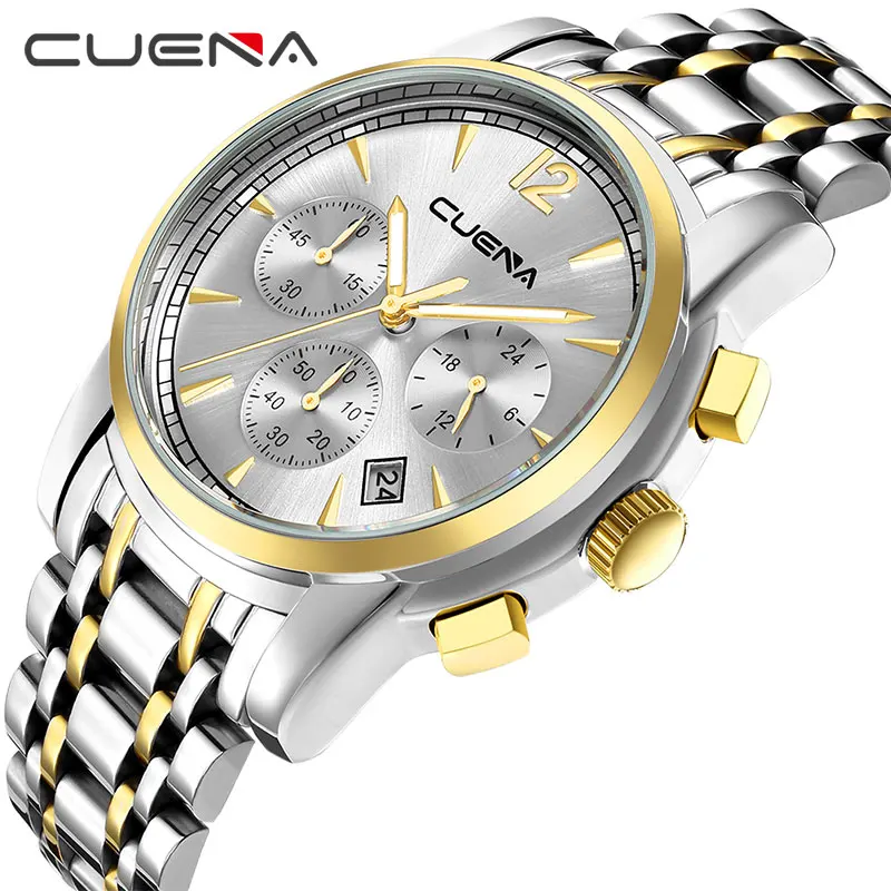 

CUENA Quartz Watches Men Multifunction Stop Watch Date Luminous Hands Waterproof Stainless Steel Watches Men Fashion Watch 2018