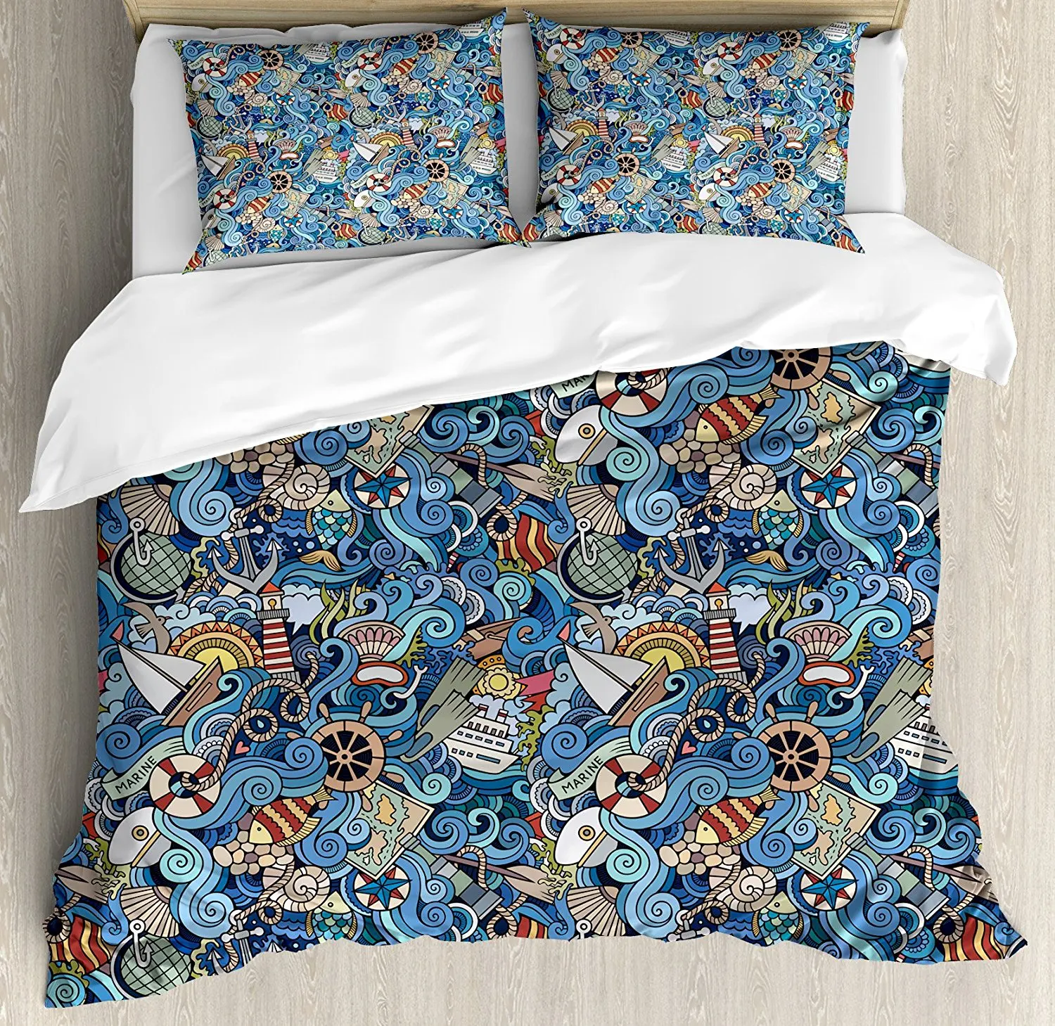 

Duvet Cover Set Abstract Pattern Sea Shells Sea Horse Corals Fish Rob Globe Maps Wavy Ocean, 4 Piece Bedding Set