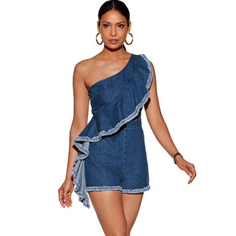 Fashion Ruffles One Shoulder Summer Playsuit High Street Sleeve Denim Jumpsuit Women Sexy Raw Hem Short Casual Jeans Overalls (5)