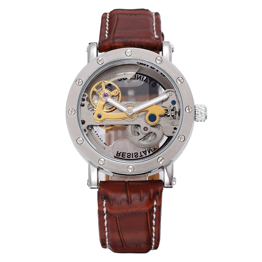 

SHENHUA Men's Bridge Analog Display Mechanical Watch Skeleton Automatic Self Wind Male Clock Leather Strap Relogio Masculino
