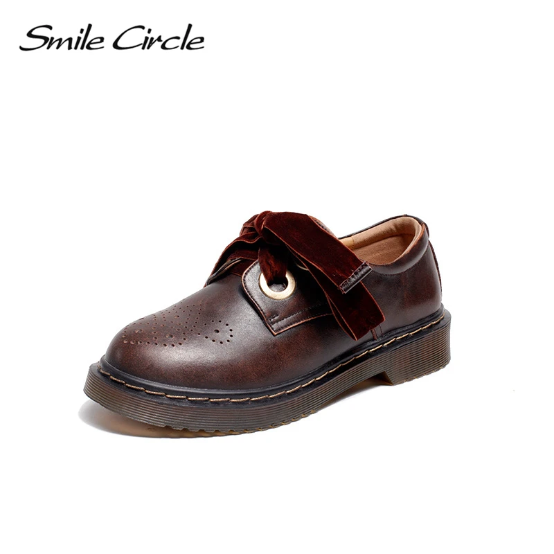 

Smile Circle Oxford Flats casual Shoes Women Genuine Leather platform shoes Autumn Comfortable Round Toe Lace-Up work shoes