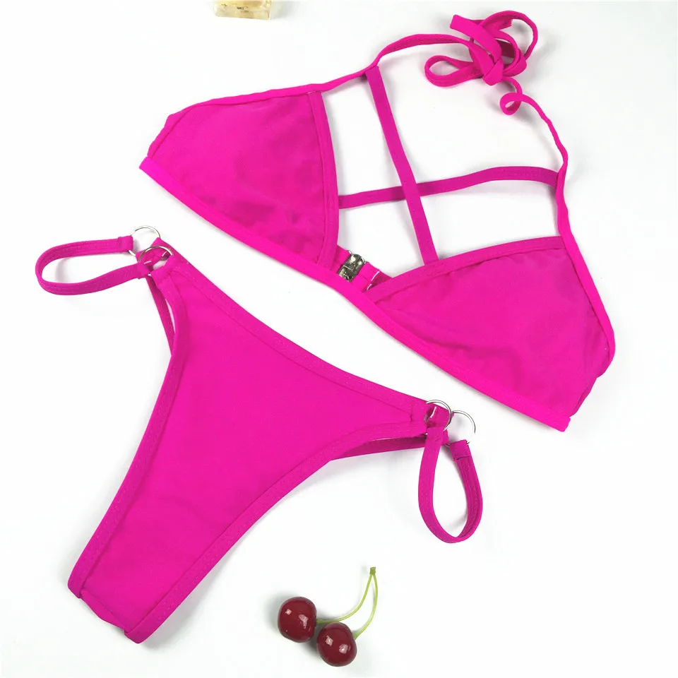 Розовый бразильский комплект бикини, бикини, стринги, одежда для плавания, купальный костюм, купальник с низкой талией, купальник с лямкой на шее, одежда для плавания, Maillot De Bain Plavky - Цвет: 065