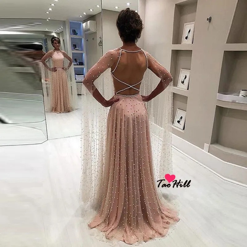 TaoHill вечерние платья, официальное длинное вечернее платье трапециевидной формы с жемчугом, розовое вечернее платье с открытой спиной, элегантное женское платье с накидкой