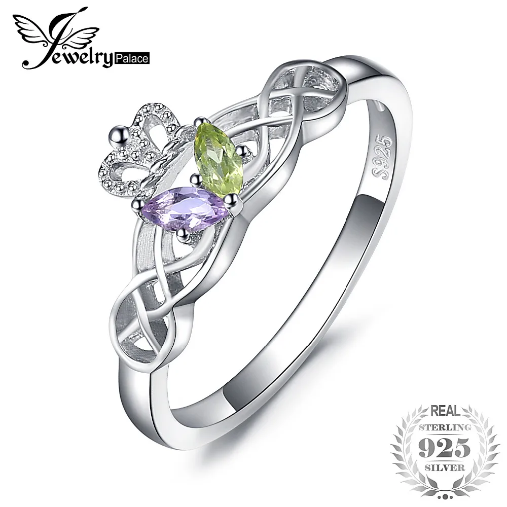 

JewelryPalace Butterfly Claddagh Genuine Peridot Amethyst Ring 925 Sterling Silver For Women As Gifts New Hot Sale
