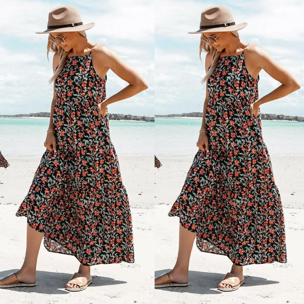 

Women Summer Boho Long Dress Sleeveless Spaghetti Floral Print Loose Dresses Elegante Vestido Clothes Plus Size 2019