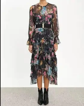 

Black Print Long Dress Top Quality Sexy Flare Sleeve Celebrity Ruffles Evening Party Dresses Women