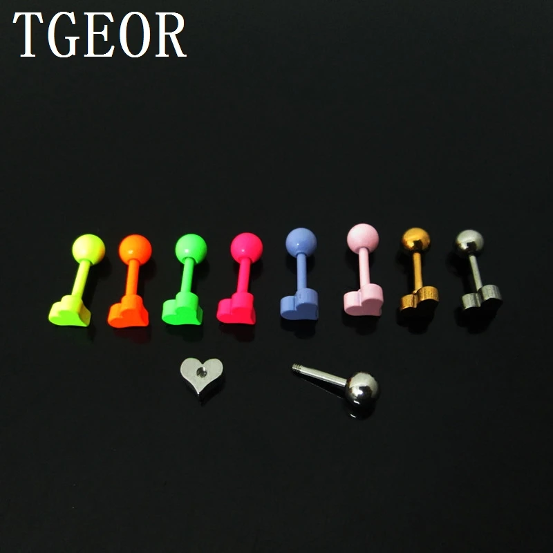 

free shipping Hot Charm titanium plated colors 30pcs 1.2*6*4/5mm heart surgical Stainless Steel ear tragus piercing earring