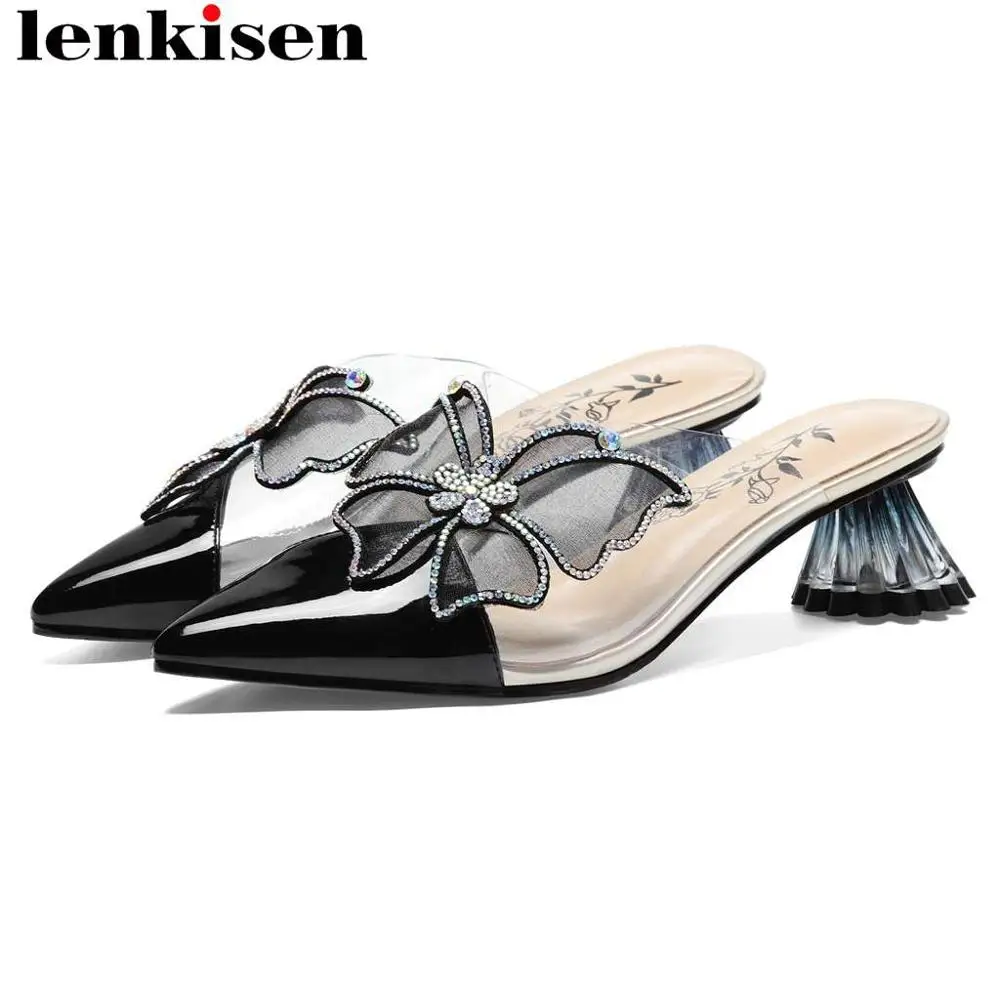 

Lenkisen 2019 genuine leather pointed toe butterfly-knot decoration slip on oxford mules pointed toe med heels wedding pumps L13