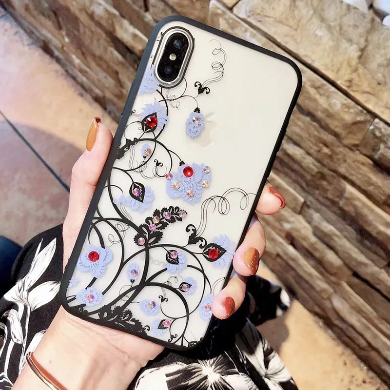 Sexy Lace Floral Diamond Case For iPhone X XR XS Max 8 7 6 6S Plus Soft Silicone Hard PC Retro Flowers Cases Cover Coque Shell (9)