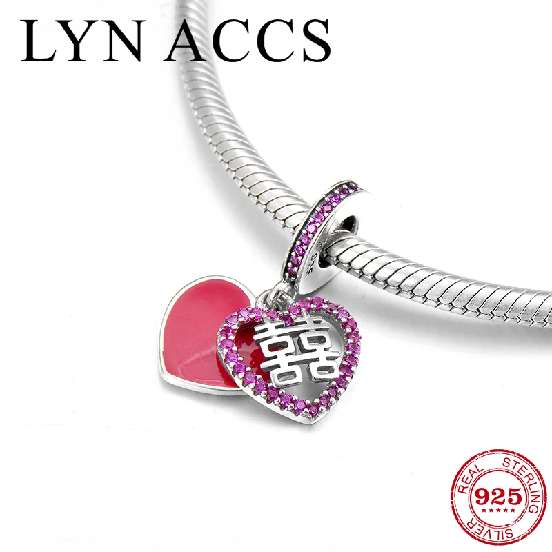 

New happiness heart 925 Sterling Silver Chinese hi word fine Enamel Pendant Bead Fit Original Pandora Charm Bracelet DIY Jewelry