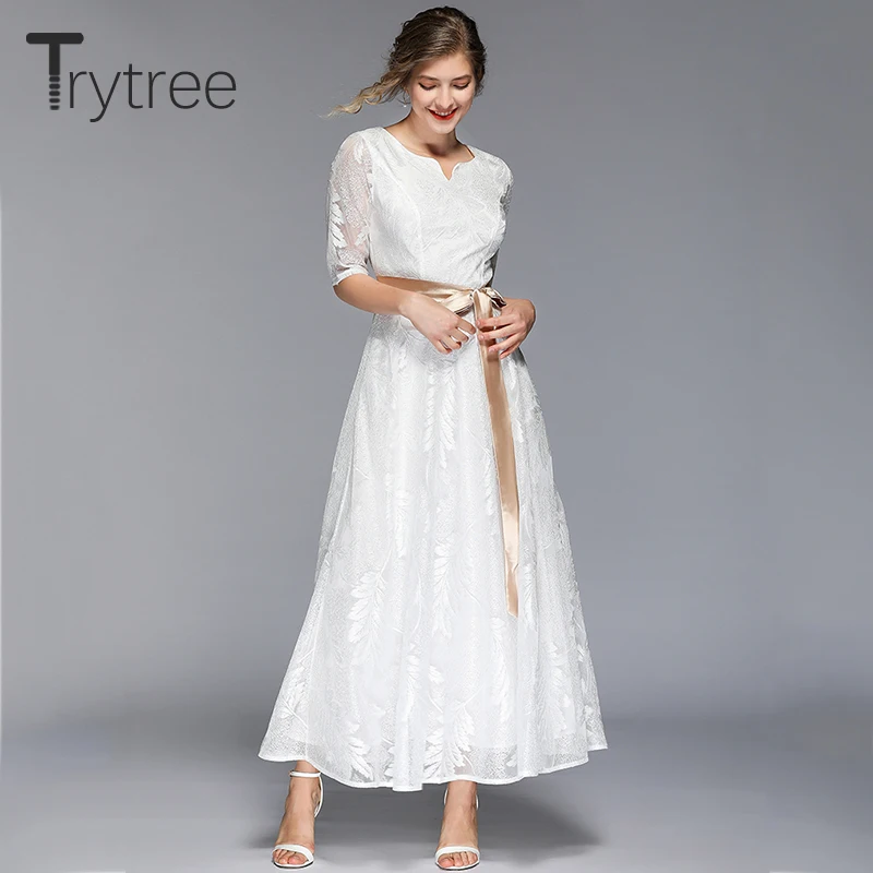 Trytree الربيع الصيف عارضة الصلبة اللباس البوليستر يترك التطريز النساء فساتين الكاحل طول ألف خط مكتب سيدة اللباس