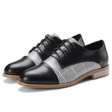 Новые весенние туфли из коровьей кожи в клетку; сезон четыре года; женские туфли на плоской подошве с круглым носком; повседневные туфли-оксфорды