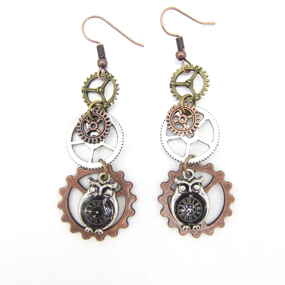 

Cykopv New Original Design Owl Clock Drop and Multi Gears Vintage Steampunk Earring Female`s Accessory