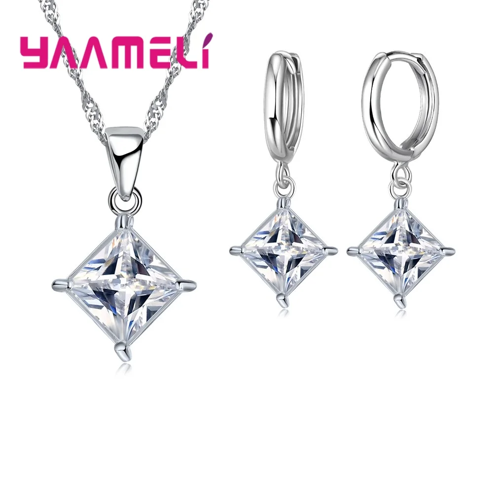 Аутентичные стерлингового серебра 925 блестящие CZ геометрические классические квадратные серьги Huggie ожерелье наборы для женщин ювелирные украшения - Окраска металла: 1