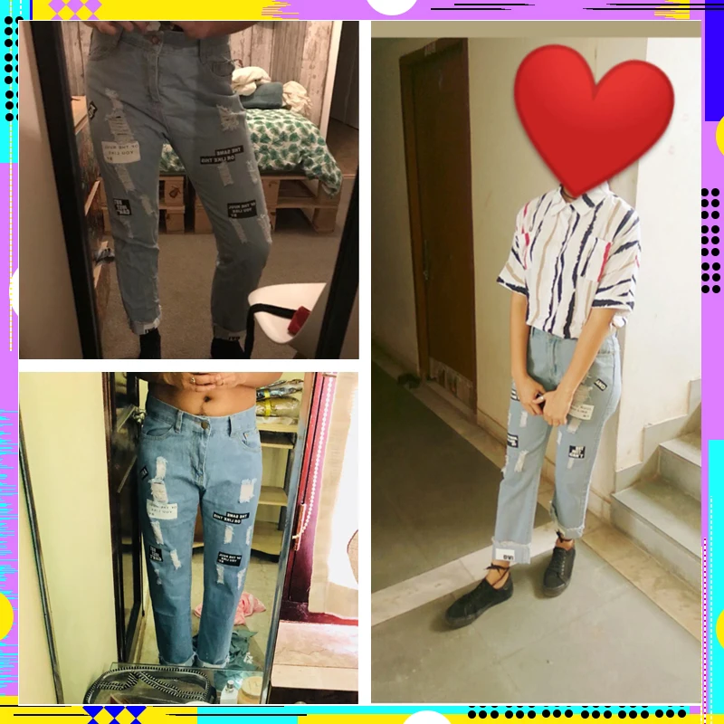 ROMWE рваные джинсы с буквенным принтом, новые модные весенние женские брюки на пуговицах со средней талией, синие повседневные джинсы с карманами
