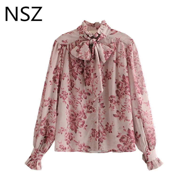 

Women Floral Print Oversized Summer Elegant Chiffon Blouse Bow Neckline Ruffles Sleeve Shirt Chic Top Blusas Mujer Camisas