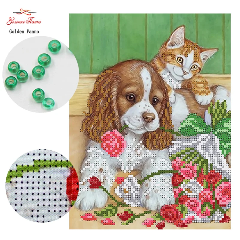 

Golden Panno,Needlework,DIY,beads,Cross stitch,Embroidery stitch,Precise Printed painting,animal Pattern,dog and cat 0414