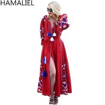 

Runway Bohemian Long Dress 2018 Ethnic Style Summer Women Embroidery Lantern Sleeve Cotton V-Neck Ladies Maxi Party Beach Dress