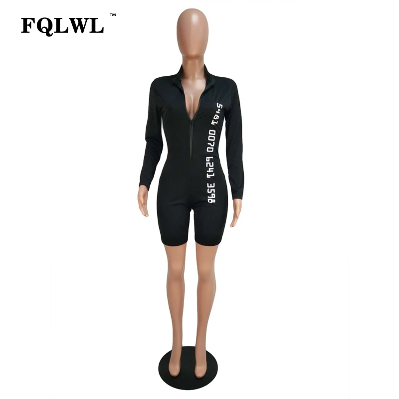 FQLWL Black Bodycon Sexy Jumpsuit Shorts For Women Long Sleeve Fitness Rompers Womens Jumpsuit Female Streetwear Playsuit Women