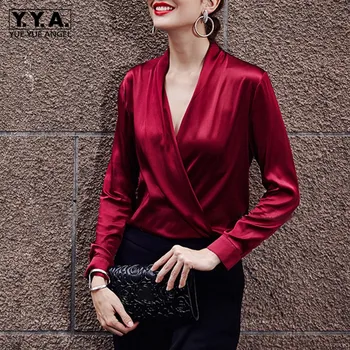 

Hot Sale Women Sexy V Neck Long Sleeve Spring Shirts Elegant Office Ladies Satin Pullover Blouses Work Shirt Slim Fit Blouse Top