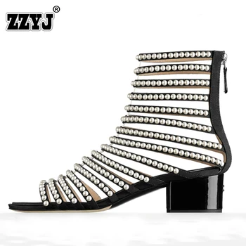 2017 Big size 34-48 Summer New European Fashion Week Pearl Peep Toe Chunky Heel Rome Zip High Cut Women Sandals Boots Show Shoes