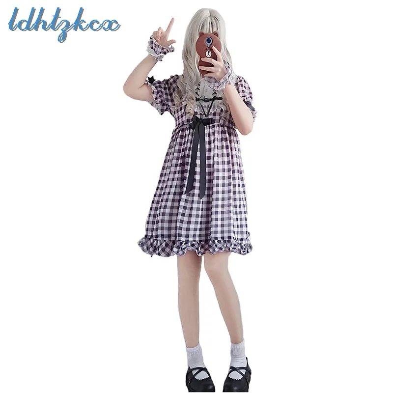 

LDHTZKCX Plaid Polyester Chiffon Short-sleeved Dress Female 2018 Summer New Lolita Beading Bow Zipper Cute Princess Dress LD578