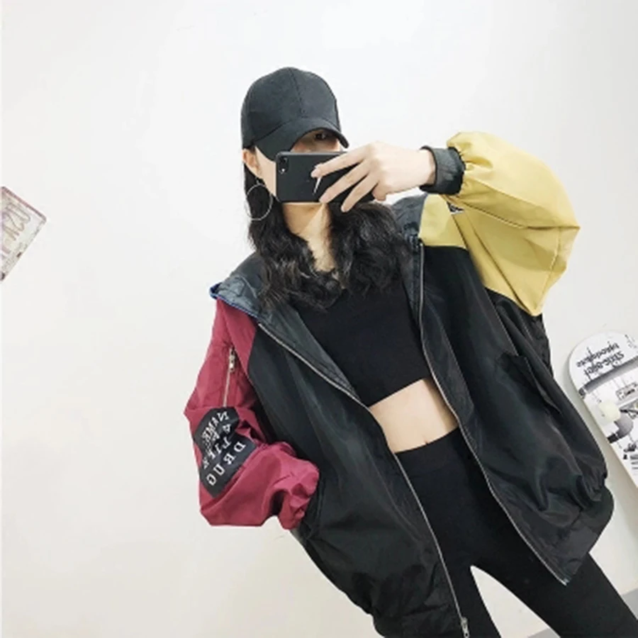 Harajuku Patchwork Loose Bomber Jacket Women Coats Long Sleeve ...