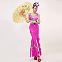 Китайский народный танец костюм национального меньшинства дай танцы костюмы Павлин Танец Национальный танцевальный костюм рыбий хвост юбка с головной убор