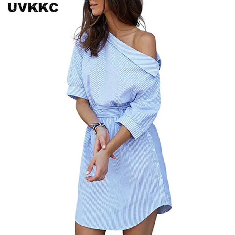 Uvkkc осеннее синее Полосатое женское платье-рубашка с одним плечом сексуальное
