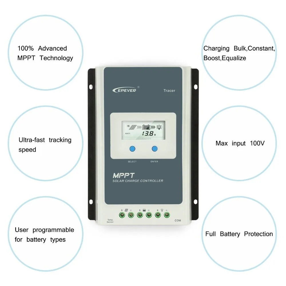 Regulador de Carga Aterrado com Medidor Epever Traceran Mppt Solar 12 v 24 Lcd Controlador 100 pv Negativo Remoto Mt50 10a 20a 30a 7 control kid