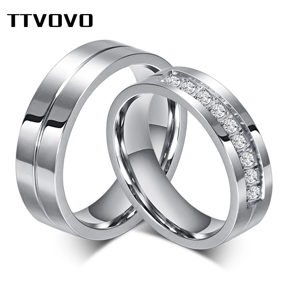 TTVOVO 1 пара свадебных лент кольцо из нержавеющей стали с фианитами для женщин и