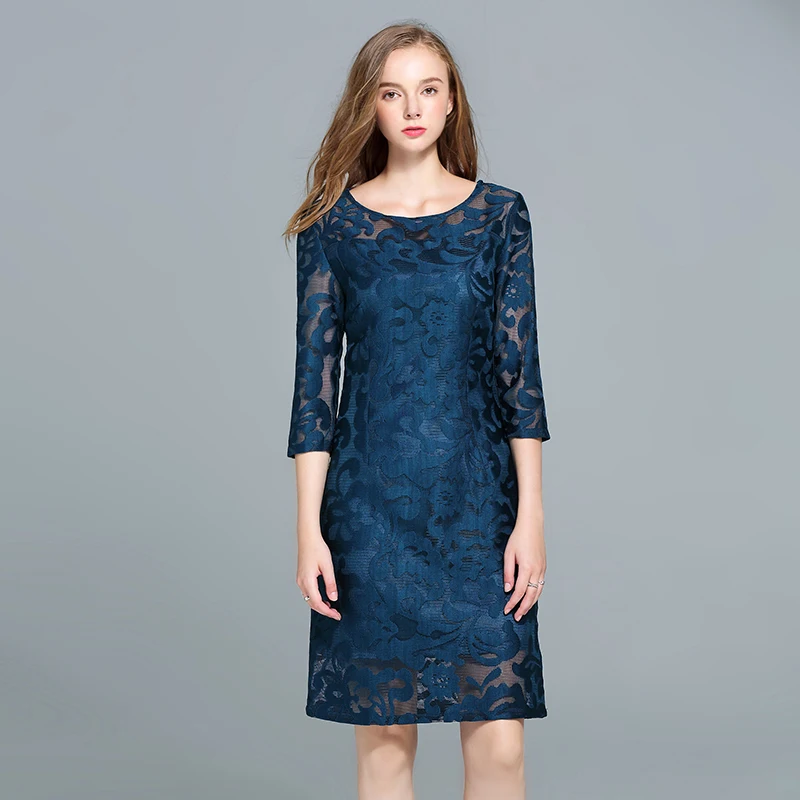 MUSENDA размера плюс женское Королевское синее открытое кружевное платье Осень тонкая туника с рукавом три четверти платье женские офисные платья