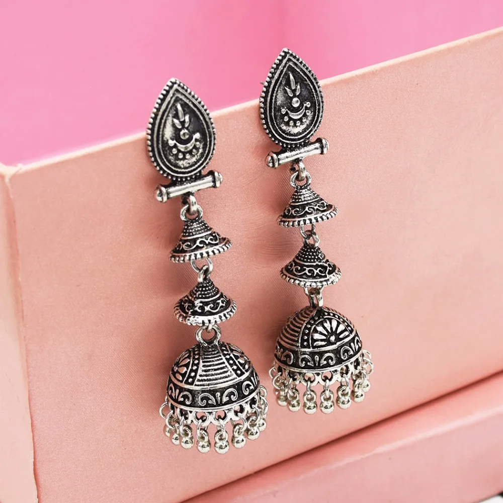 Индийские серьги для женщин, окисленная Jhumka, золото, серебро, большая Длинная кисточка, колокольчики, висячие серьги, цыганская турка, Этнические украшения