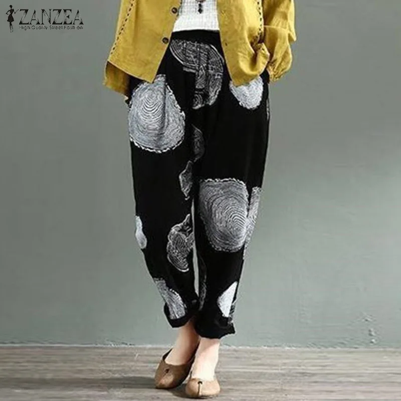 

ZANZEA 2019 Vintage Women Harem Pants Cotton Casual Loose Trousers Ladies Printed Pockets Elastic Waist Streetwear Pantalones