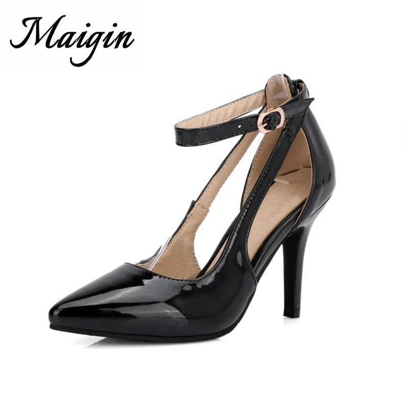 Maigin Sexy Patent Leather Women Pumps Solid Black High Heels Shoes 2018 New Spring Buckle Strap zapatos mujer Ladies Shoes