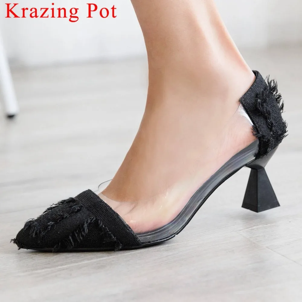 

Krazing Pot movie stars strange style high heels pointed toe slip on canvas fashion pvc jelly shoes gathering runway pumps L75