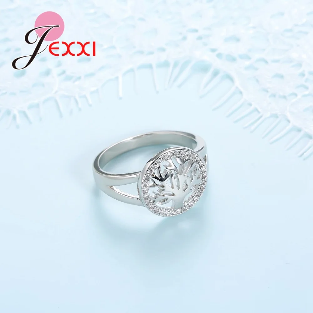 JEXXI Tree of Life 925 Sterling Silver Rings For Women Cubic Zirconia Silver Wedding Ring For Girl New Desigh Tree Accessory