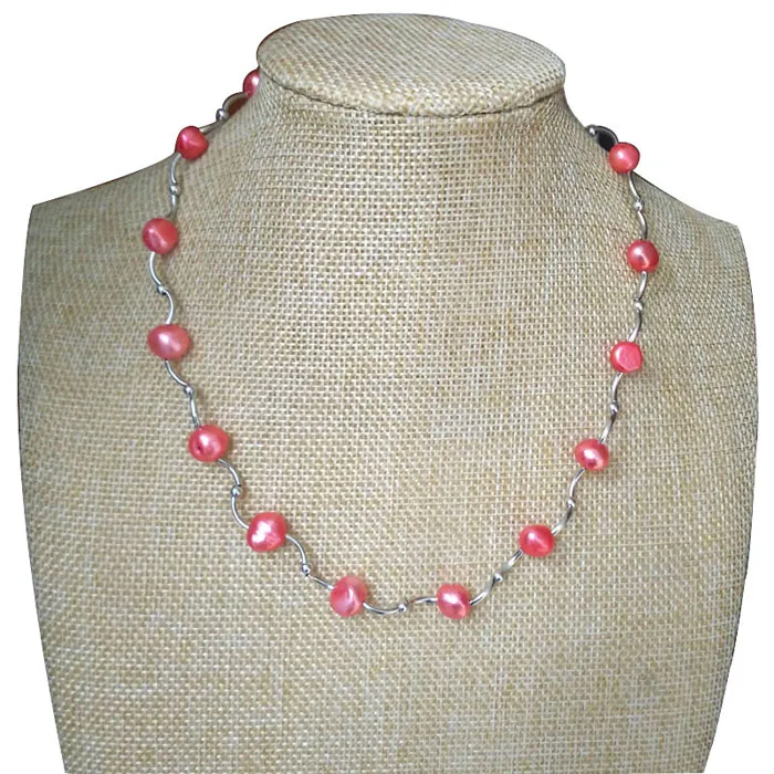 

17 inches 8-9mm Pink Natural Real Baroque Pearl Tin Cup Chocker Necklace