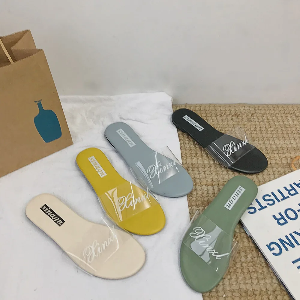 

Summer Women Letter Rivet Transparent Shoes Brand Low Heels Sandals Girl Beach Designer Female Open Toe Flip Flop Casual Shoes