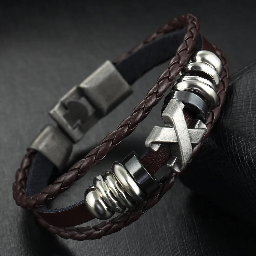 Heavy Metal Rock And Roll Style Anchor & X Design PU Leather Braid