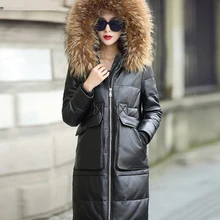 Новое Женское пуховое пальто из натуральной овечьей кожи, длинное пальто с большим капюшоном из меха енота и лисы, большие размеры 2xl 3xl 4xl