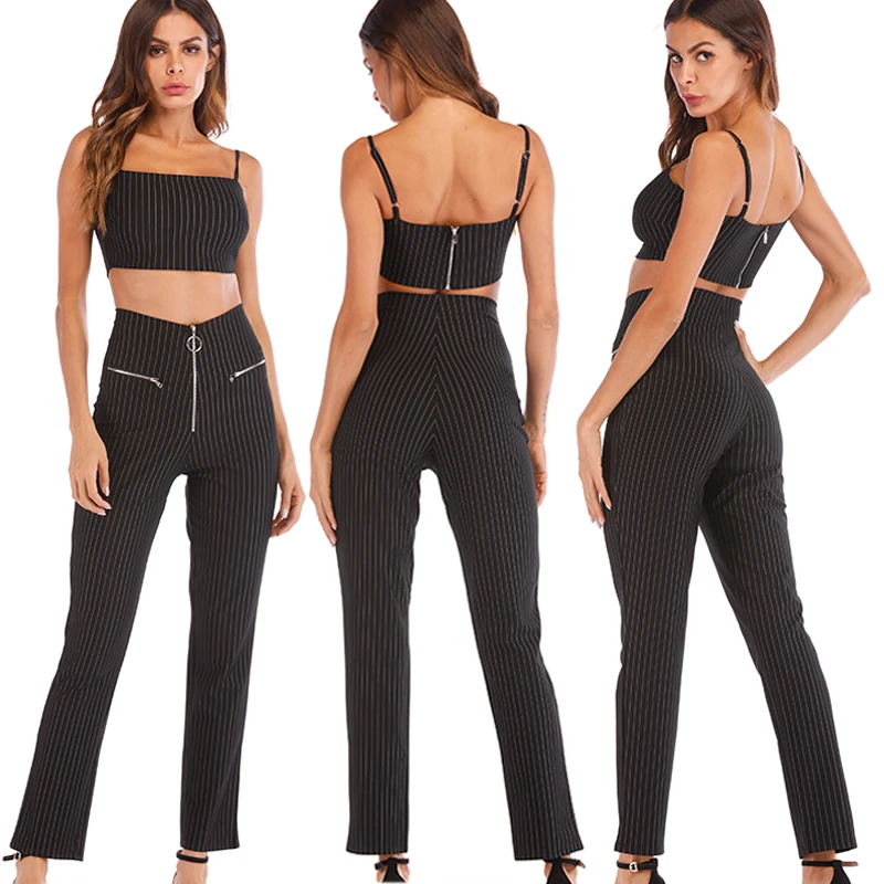

2019 New Women England Style Striped Sporting Sexy Slim Fit Crop Tank Tops add Fitness Leggings Workout Sportswear Clothing 2pcs