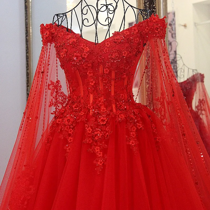 

Red Wedding Dress Robe Mariage Femme Tulle Ball Gown Beading Lace Up Princess Wedding Dress With Cape avondjurk
