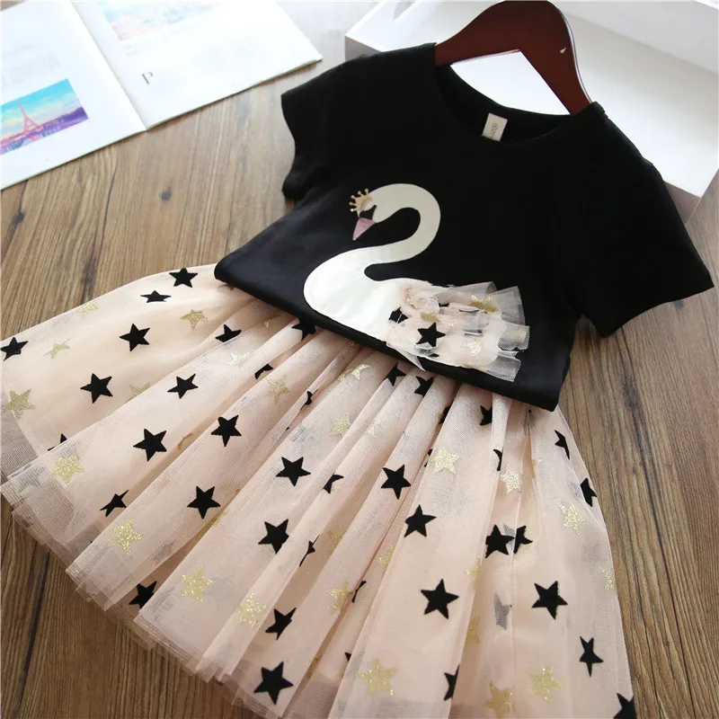 

2019 Fashion Girls Clothing Set Cartoon Swan Tops+Sequins Star tutu Dress 2pcs Outfits Princess Summer Party Dresses for Kids