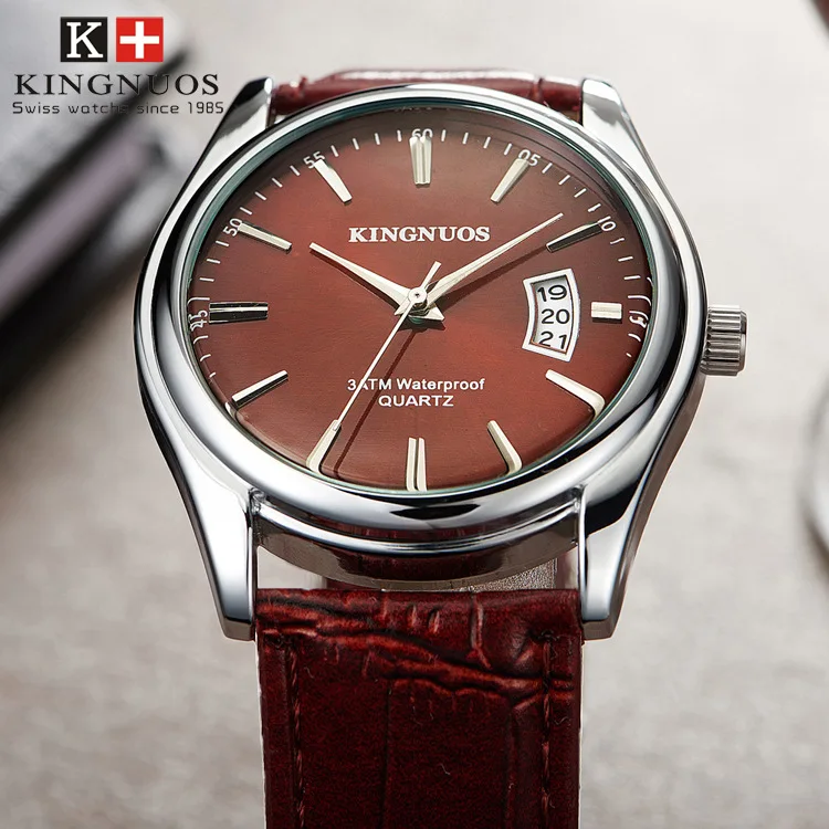 KINGNUOS Fashion Gentlemen Mens Wristwatches Auto Date Leather Strap Quartz Business Male Watches Casual Dress Waterproof Clock  (6)