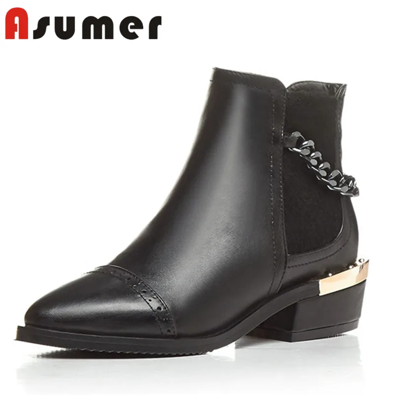 

ASUMER 2020 NEW solid ankle boots for women elastic band genuine leather boots pointed toe thick heels winter shallow boots