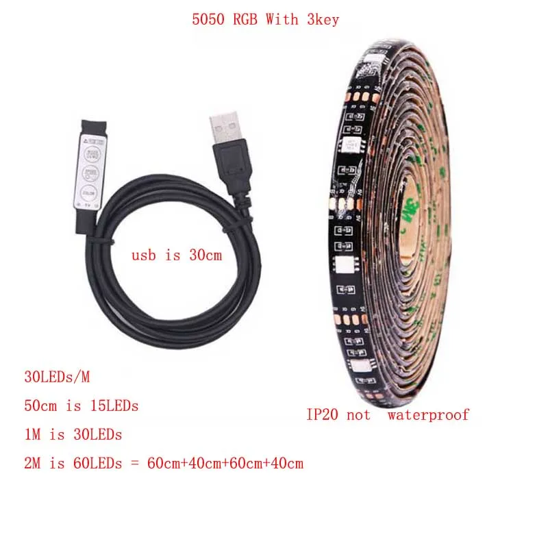 2835 5050 SMD RGB USB зарядное устройство Светодиодная лента DC 5 V usb-кабель светодиодный светильник гибкая лента 1 м 2 м RF ИК RGB пульт дистанционного управления - Испускаемый цвет: 5050RGB with 3key