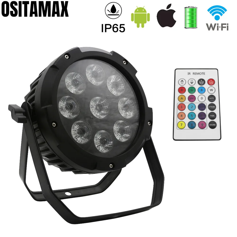 

LED Disco Stage Light 9X18W Outdoor IP65 Par Light 6IN1 Wireless and Battery Mobile WIFI Control Sound Washer LED Par Can