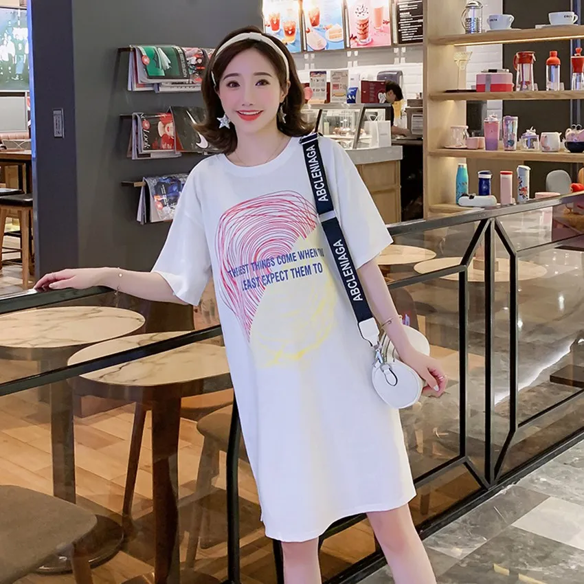 

Spring and summer new Korean version of the large size shirt loose maternity dress printing T-shirt Korean fashion pregnancy ski