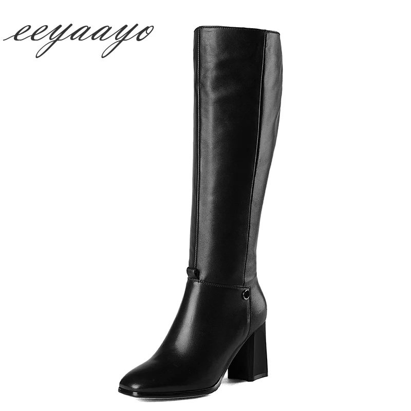 

2018 New Genuine Leather Winter Women Knee-High Boots High Heel Square Toe Zipper Sexy Ladies Women Shoes Black Long Boots